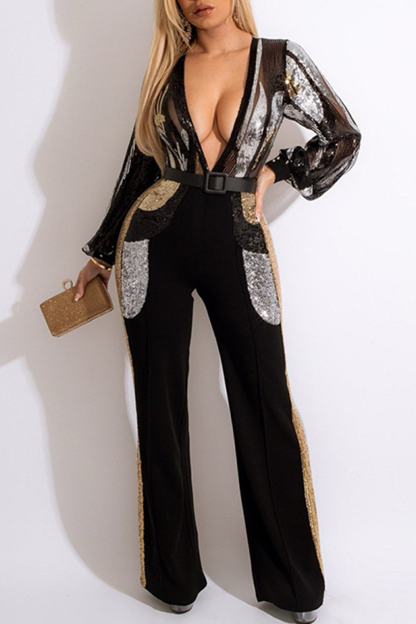 Black Fashion Casual Patchwork Sequins See-through V Neck Regular Jumpsuits