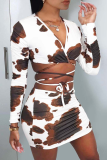 White Sexy Patchwork Tie-dye V Neck Long Sleeve Two Pieces