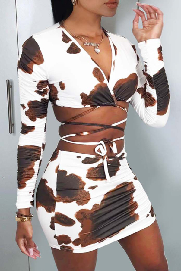 White Sexy Patchwork Tie-dye V Neck Long Sleeve Two Pieces