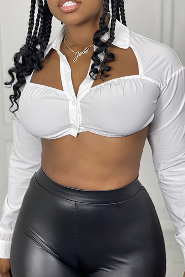 White Sexy Solid Hollowed Out Split Joint Turndown Collar Tops