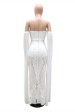 White Fashion Sexy Patchwork Sequins Backless Off the Shoulder Long Sleeve Two Pieces