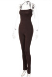 Coffee Sexy Casual Solid Bandage Backless Halter Skinny Jumpsuits
