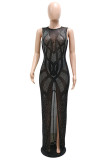 Black Fashion Sexy Patchwork Hot Drilling See-through Slit O Neck Evening Dress Dresses