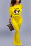 Yellow Casual Print Split Joint O Neck Jumpsuits