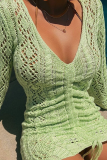 Green Sexy Solid Hollowed Out V Neck Straight Dresses