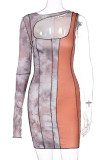 Brownness Fashion Sexy Print Hollowed Out Patchwork O Neck Long Sleeve Dresses