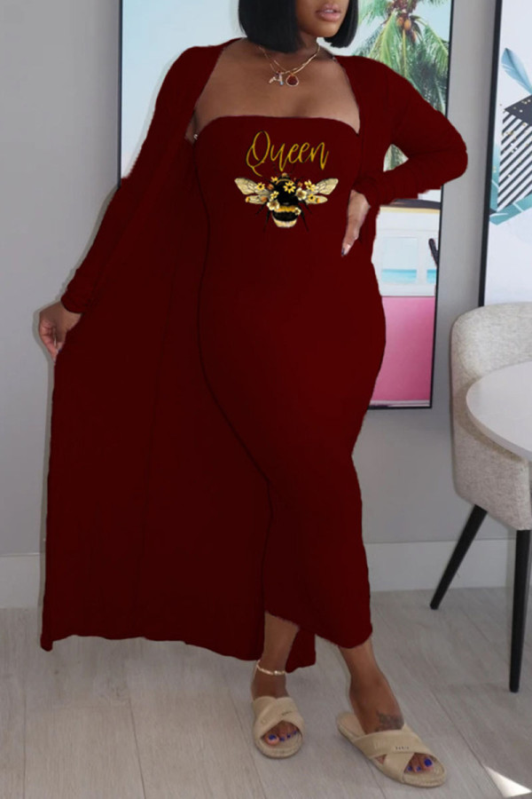 Burgundy Casual Print Patchwork Strapless Long Sleeve Two Pieces