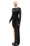 Black Sexy Patchwork Hot Drilling Sequins See-through Asymmetrical O Neck Evening Dress