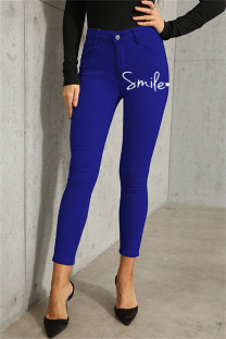 Dark Blue Fashion Casual Letter Print Basic High Waist Skinny Denim Jeans