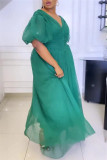 Green Fashion Casual Solid Split Joint V Neck A Line Dresses