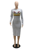 Grey Fashion Casual Print Basic O Neck Long Sleeve Dresses