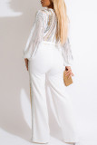 White Fashion Casual Patchwork Sequins See-through V Neck Regular Jumpsuits