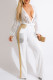 White Fashion Casual Patchwork Sequins See-through V Neck Regular Jumpsuits