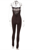 Coffee Sexy Casual Solid Bandage Backless Halter Skinny Jumpsuits