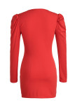Red Casual Solid Patchwork Buckle Fold O Neck Pencil Skirt Dresses