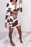 White Sexy Patchwork Tie-dye V Neck Long Sleeve Two Pieces