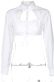 White Sexy Solid Hollowed Out Patchwork Turndown Collar Tops