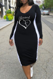 Black Casual Print Split Joint V Neck One Step Skirt Plus Size Dresses
