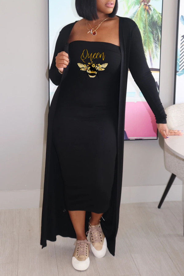 Black Casual Print Patchwork Strapless Long Sleeve Two Pieces