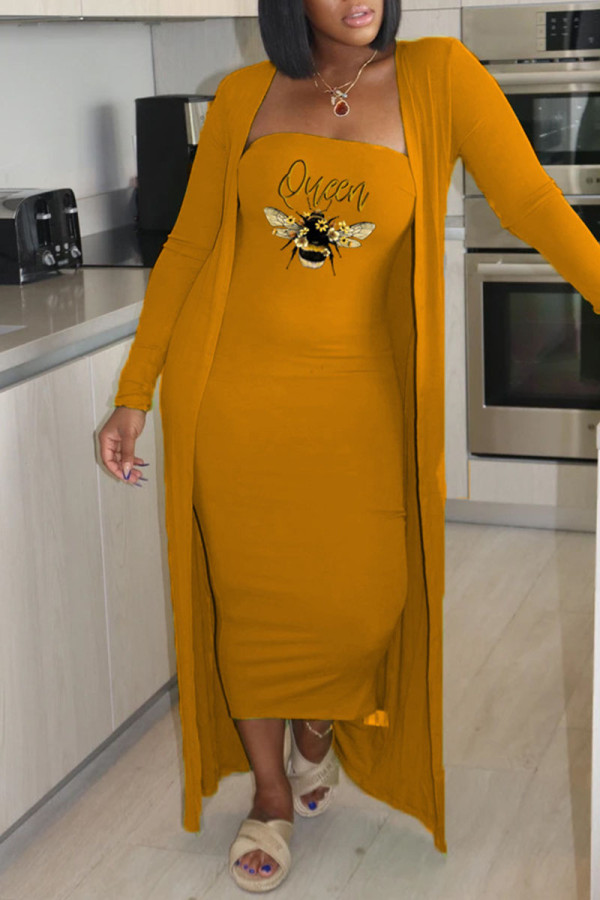 Yellow Casual Print Patchwork Strapless Long Sleeve Two Pieces