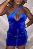 Deep Blue Sexy Solid Patchwork Halter Pencil Skirt Dresses