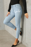 Grey Fashion Casual Letter Print Basic High Waist Skinny Denim Jeans
