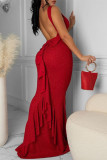 Red Fashion Sexy Solid Patchwork Backless O Neck Evening Dress