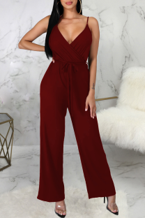 Burgundy Casual Solid Split Joint Spaghetti Strap Regular Jumpsuits