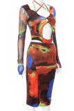 Multicolor Sexy Print Patchwork Halter Pencil Skirt Dresses