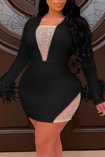 Black Sexy Solid Split Joint See-through Hot Drill Square Collar One Step Skirt Plus Size Dresses