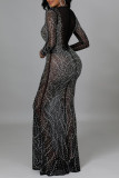 Pink Fashion Sexy Patchwork Hot Drilling See-through O Neck Evening Dress Dresses