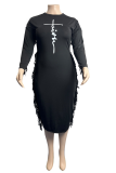 Black Casual Print Tassel O Neck Pencil Skirt Plus Size Dresses
