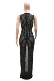 Black Fashion Sexy Patchwork Hot Drilling See-through Slit O Neck Evening Dress Dresses