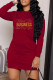 Burgundy Fashion Casual Letter Hot Drill O Neck Long Sleeve Dresses