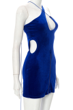 Deep Blue Sexy Solid Patchwork Halter Pencil Skirt Dresses