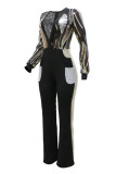 White Fashion Casual Patchwork Sequins See-through V Neck Regular Jumpsuits