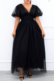 Black Fashion Casual Solid Split Joint V Neck A Line Dresses