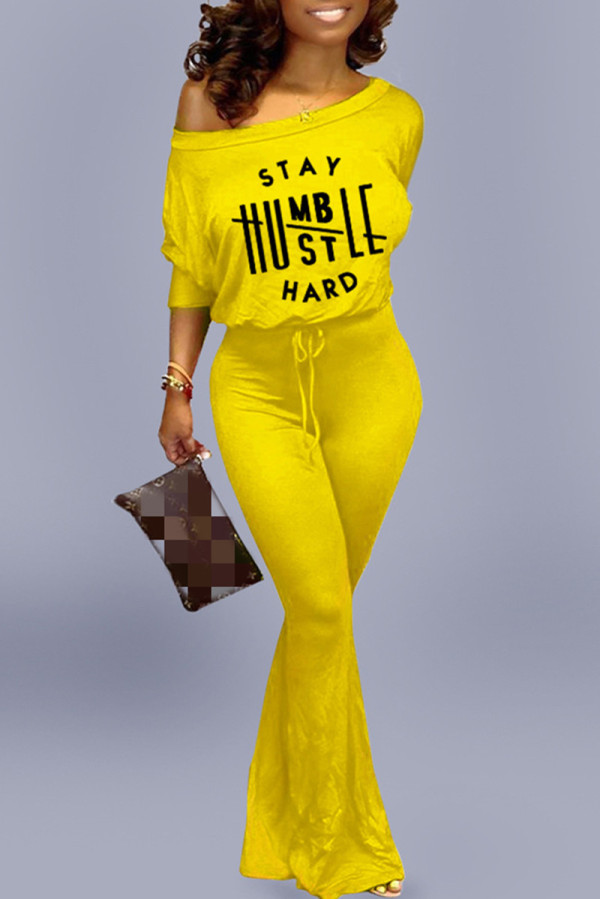 Yellow Fashion Casual Letter Print Basic Oblique Collar Regular Jumpsuits
