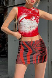 Red Street Print Patchwork Hot Drill O Neck Tops