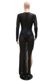 Black Sexy Patchwork Hot Drilling Sequins See-through Asymmetrical O Neck Evening Dress