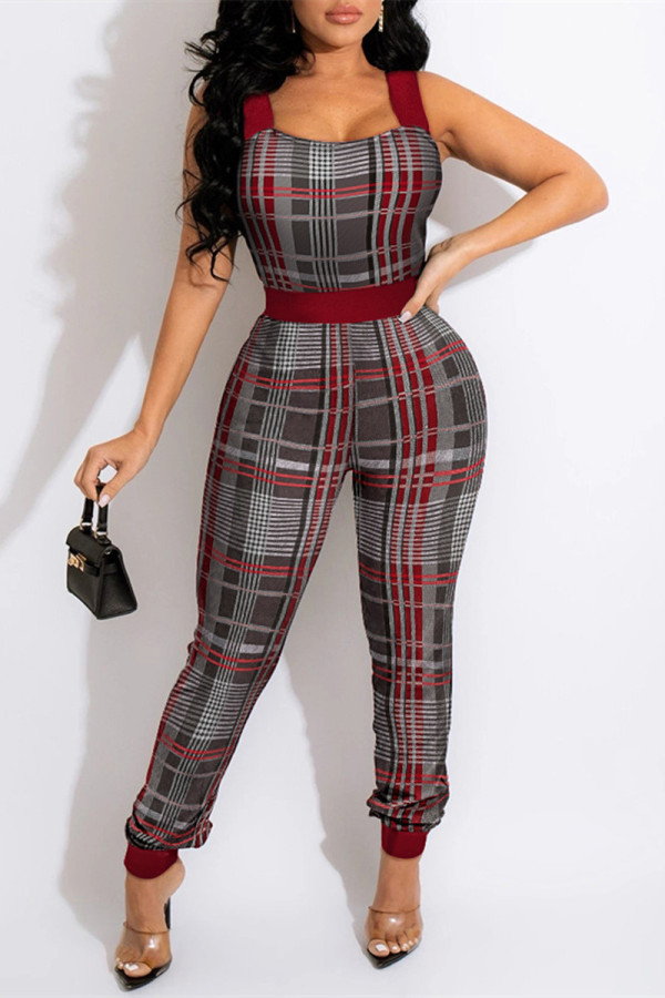 Colour Fashion Casual Plaid Print Backless Square Collar Skinny Jumpsuits