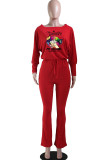 Red Casual Print Split Joint O Neck Jumpsuits