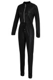 Black Fashion street Solid Long Sleeve O Neck Jumpsuits