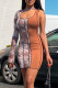 Brownness Fashion Sexy Print Hollowed Out Patchwork O Neck Long Sleeve Dresses
