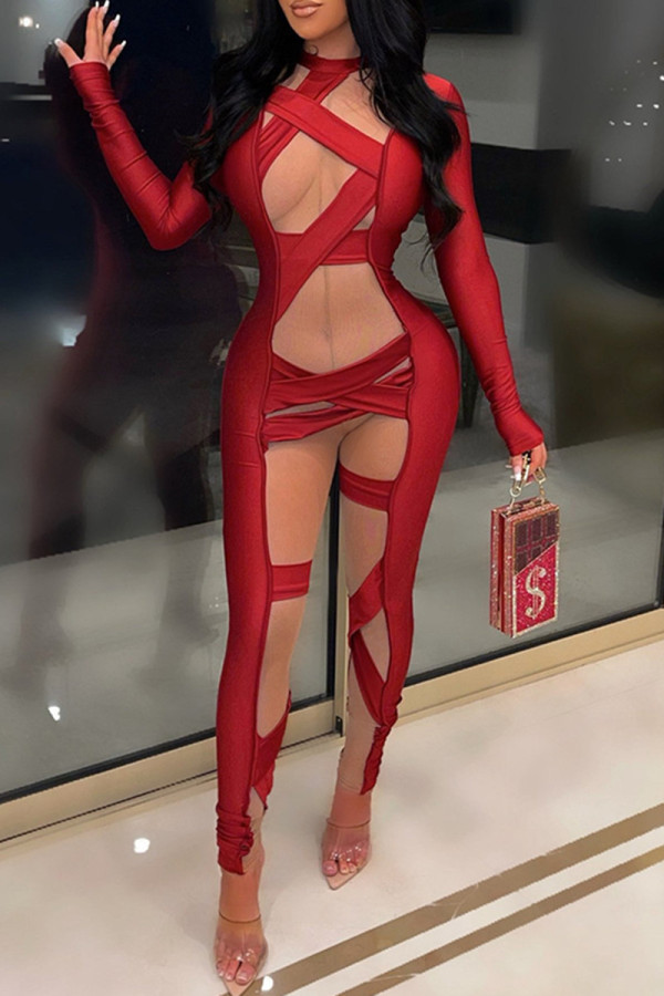 Burgundy Fashion Sexy Patchwork See-through Half A Turtleneck Skinny Jumpsuits