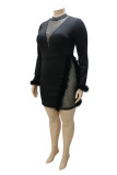 Black Fashion Sexy Patchwork Hot Drilling See-through Half A Turtleneck Long Sleeve Plus Size Dresses