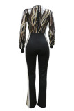 White Fashion Casual Patchwork Sequins See-through V Neck Regular Jumpsuits