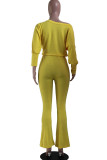 Yellow Casual Print Split Joint O Neck Jumpsuits