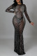 Black Fashion Sexy Patchwork Hot Drilling See-through O Neck Evening Dress Dresses