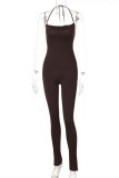 Coffee Sexy Casual Solid Bandage Backless Halter Skinny Jumpsuits